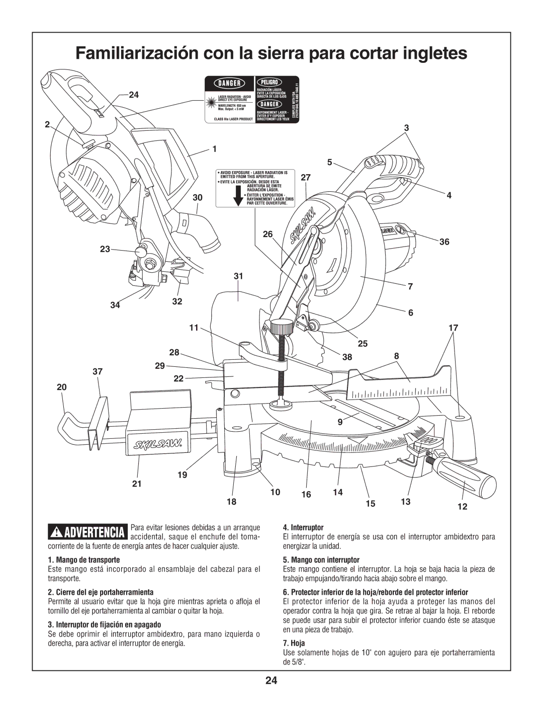 Skil 3800-02 manual Familiarización con la sierra para cortar ingletes 