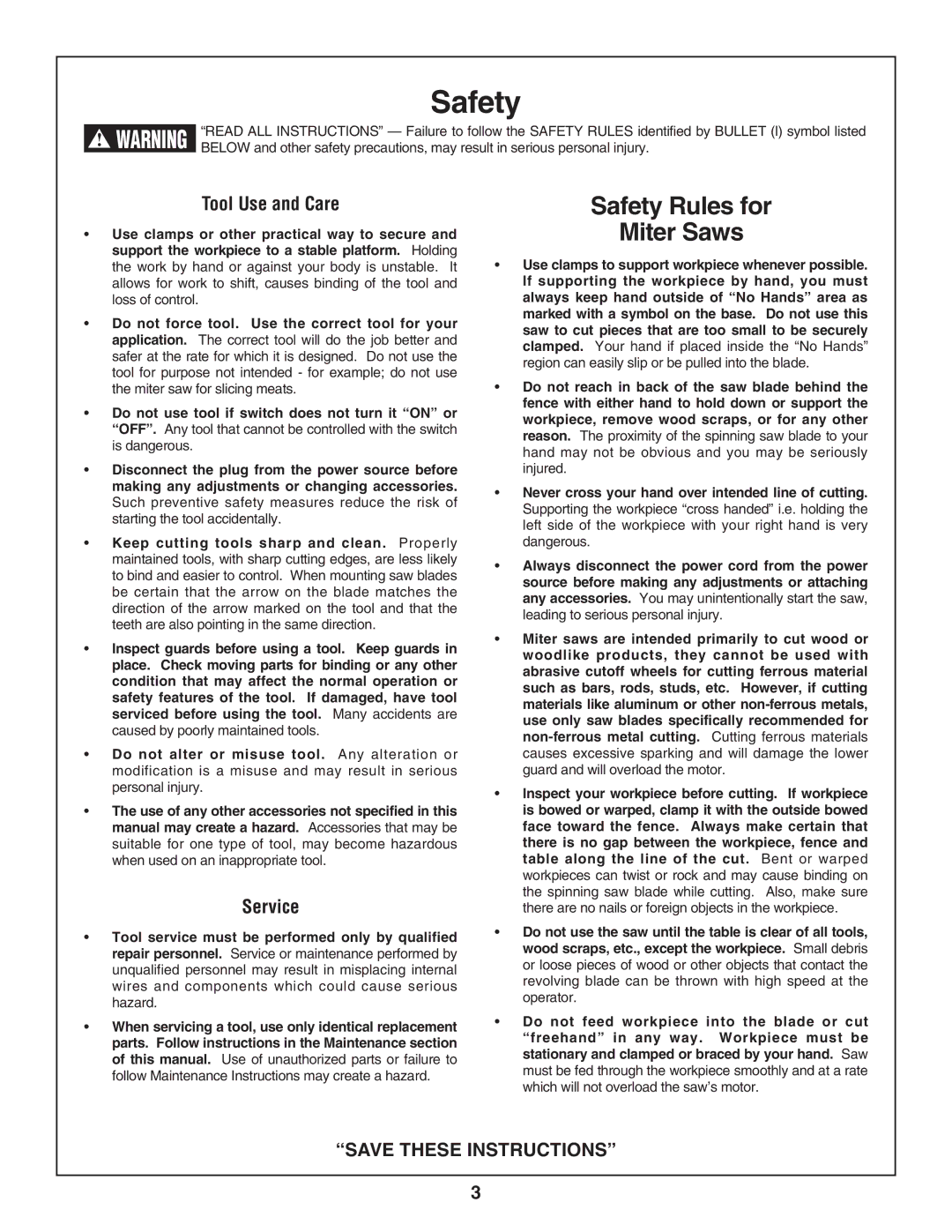 Skil 3800-02 manual Safety Rules for Miter Saws, Tool Use and Care, Service 