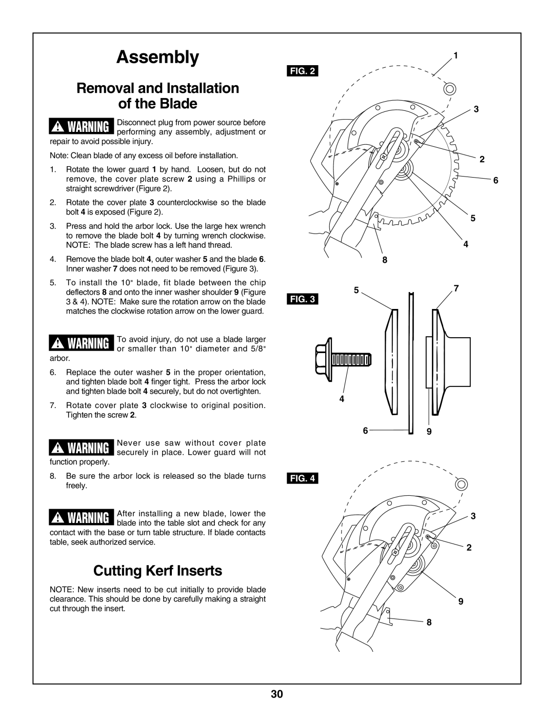 Skil 3800-02 manual Removal and Installation Blade, Cutting Kerf Inserts, Or smaller than 10 diameter and 5/8, Arbor 