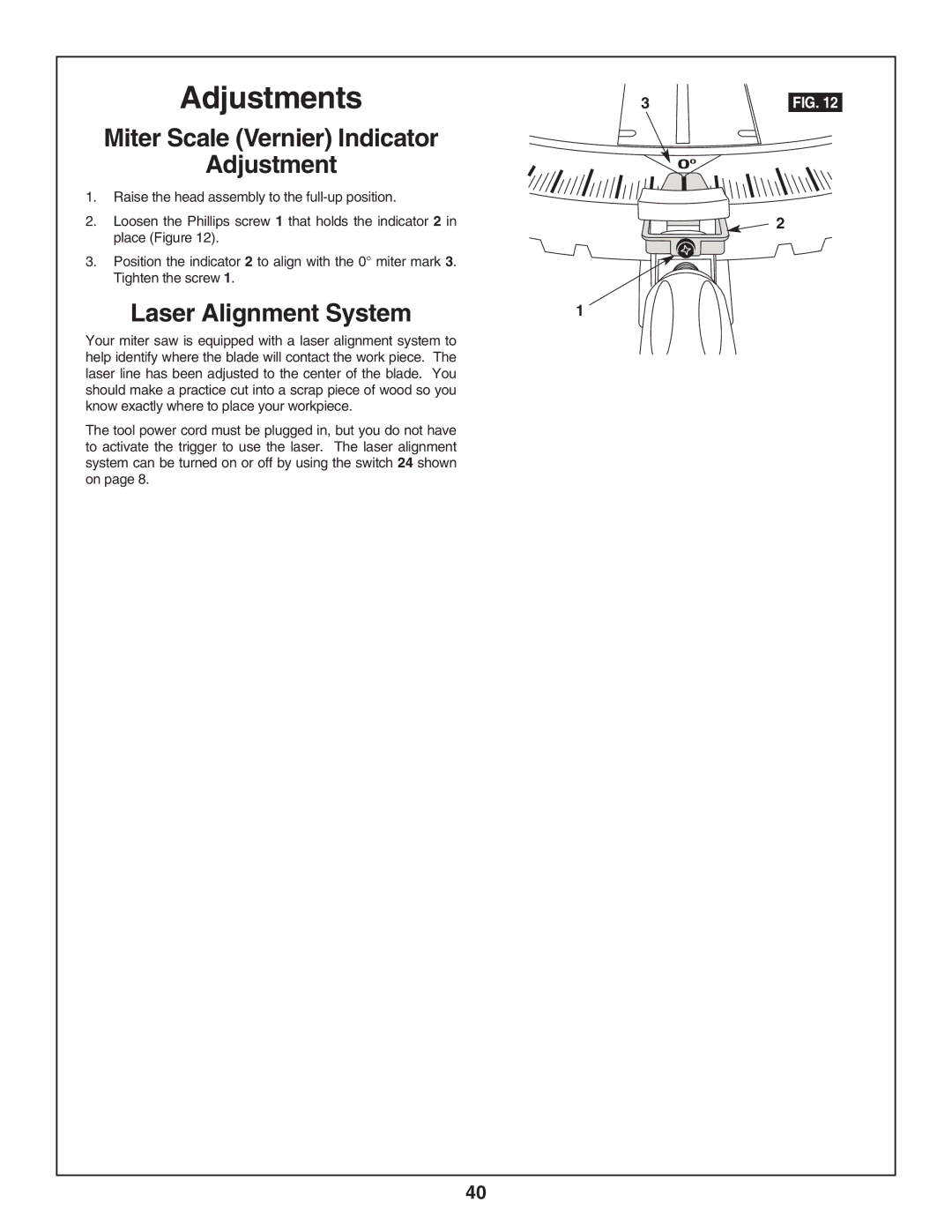 Skil 3800-02 manual Miter Scale Vernier Indicator Adjustment, Laser Alignment System 
