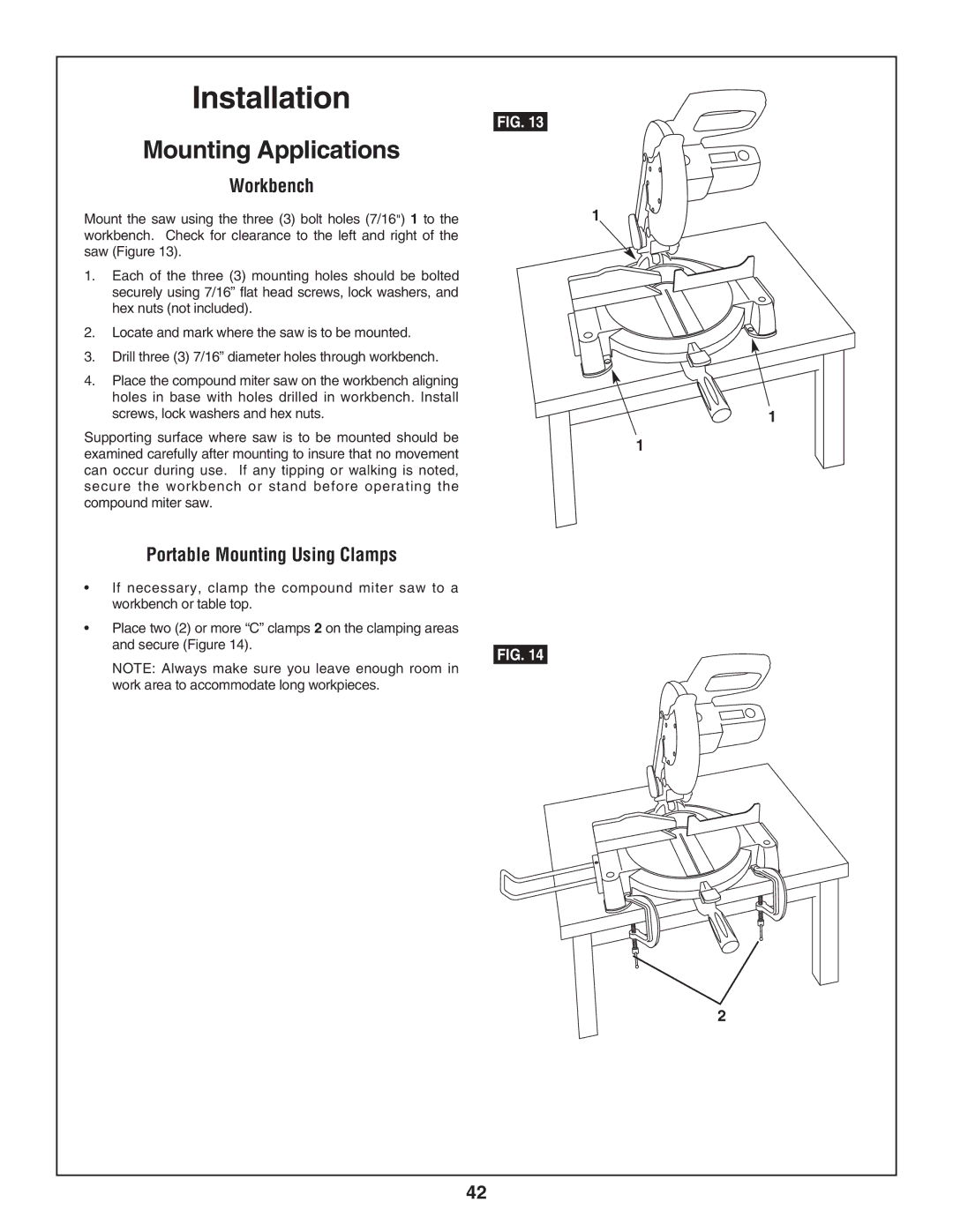 Skil 3800-02 manual Installation, Workbench, Portable Mounting Using Clamps, Secure Figure 