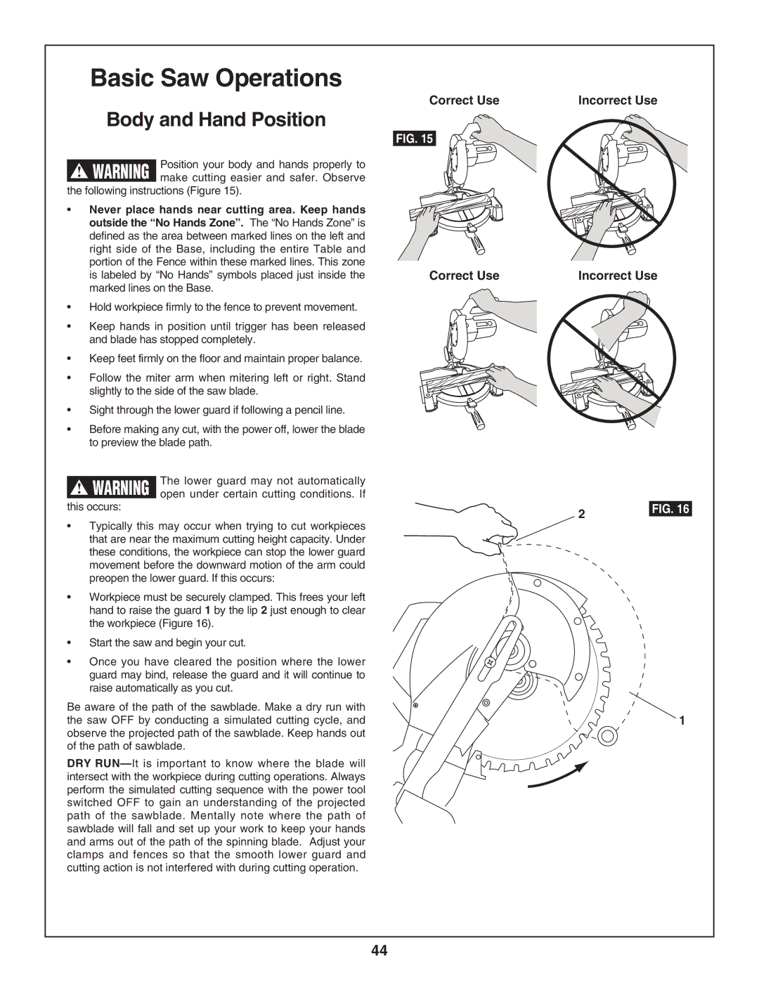 Skil 3800-02 manual Basic Saw Operations, Body and Hand Position, Correct Use Incorrect Use, Following instructions Figure 