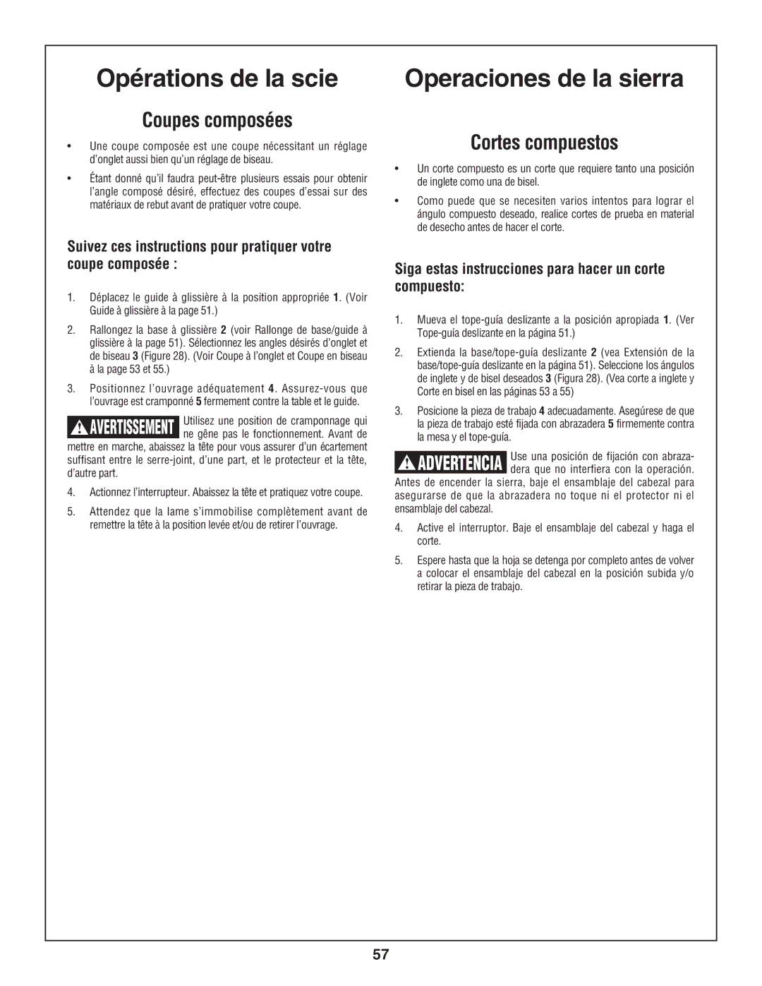 Skil 3800-02 manual Coupes composées, Cortes compuestos, Suivez ces instructions pour pratiquer votre coupe composée 