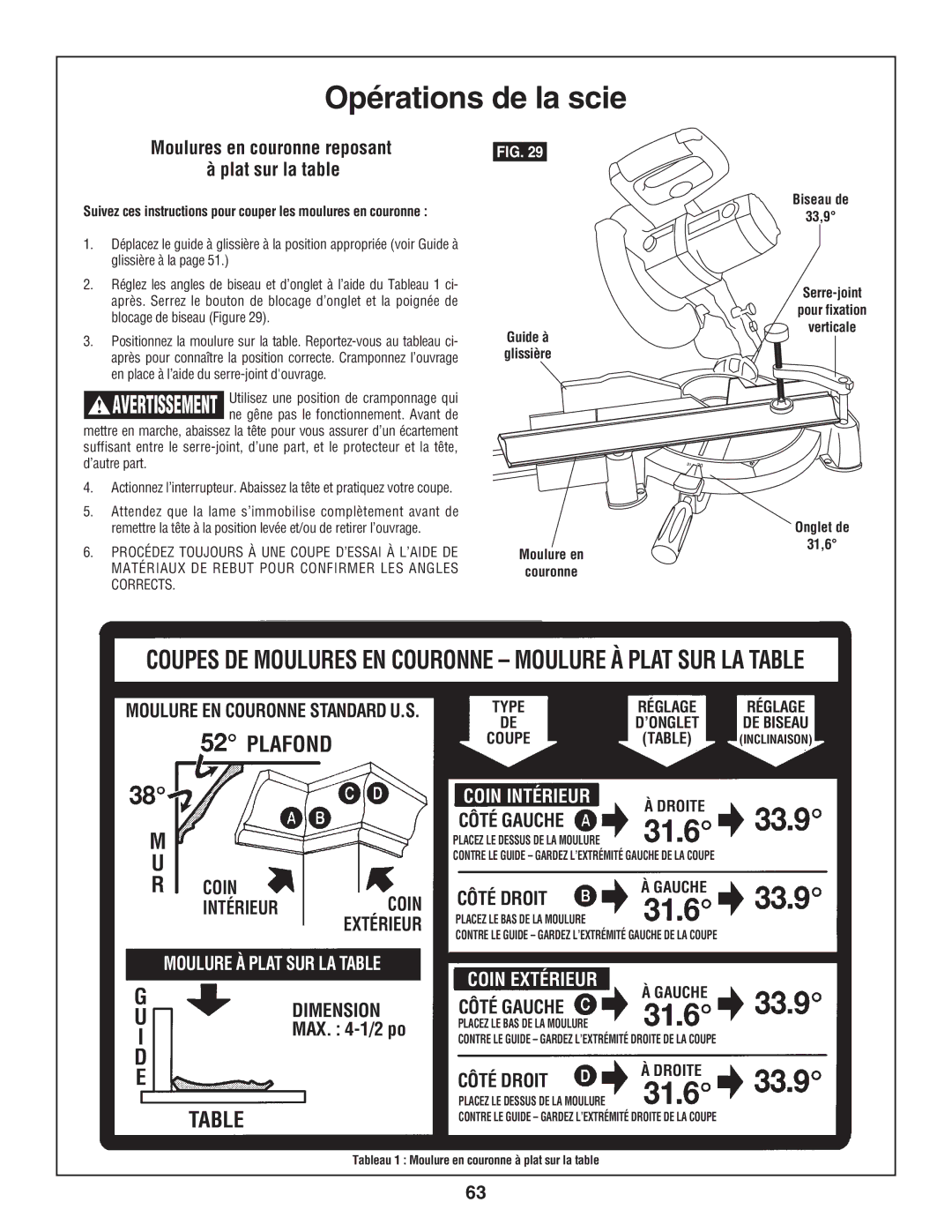 Skil 3800-02 manual Moulures en couronne reposant à plat sur la table, MAX -1/2 po 