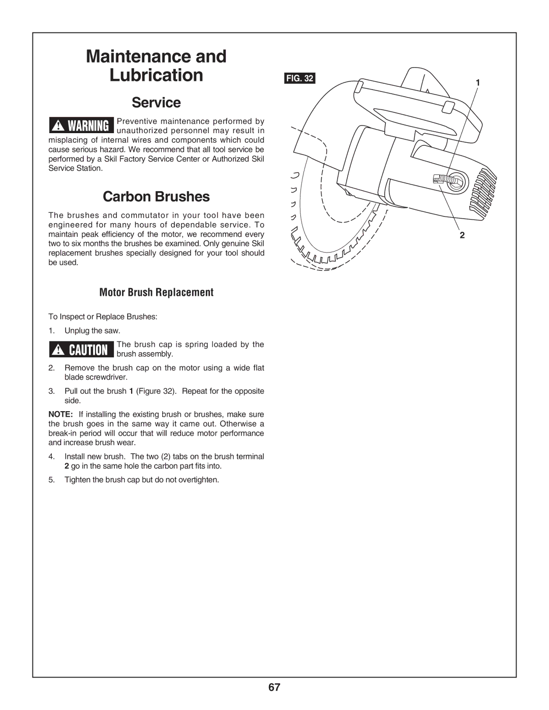 Skil 3800-02 manual Service, Carbon Brushes, Motor Brush Replacement 