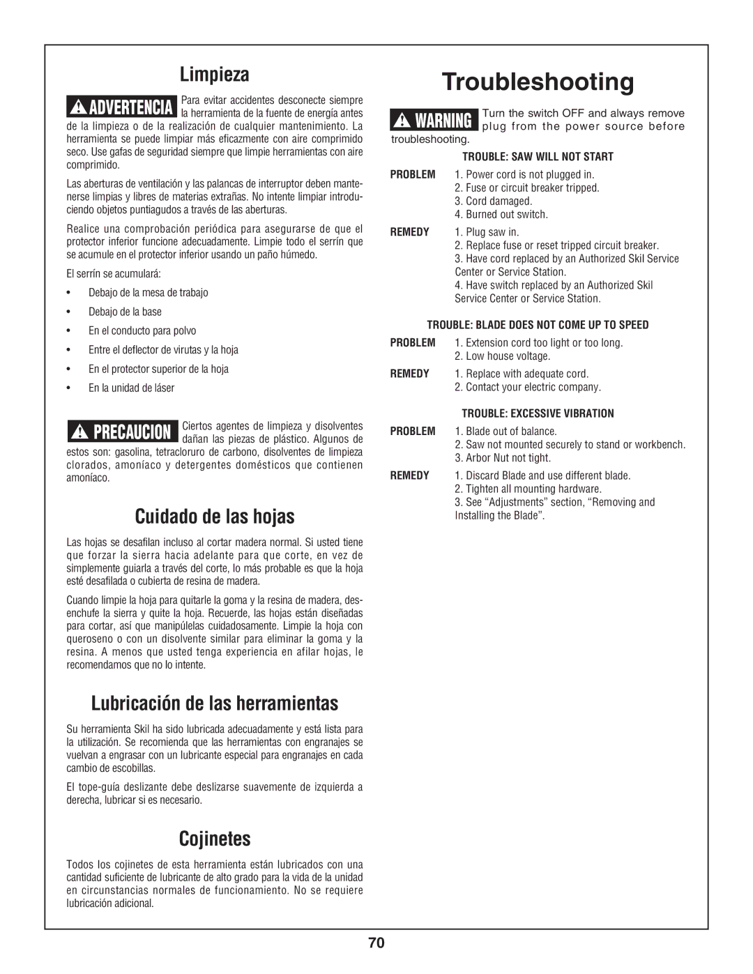 Skil 3800-02 manual Troubleshooting, Limpieza, Cuidado de las hojas, Lubricación de las herramientas, Cojinetes 