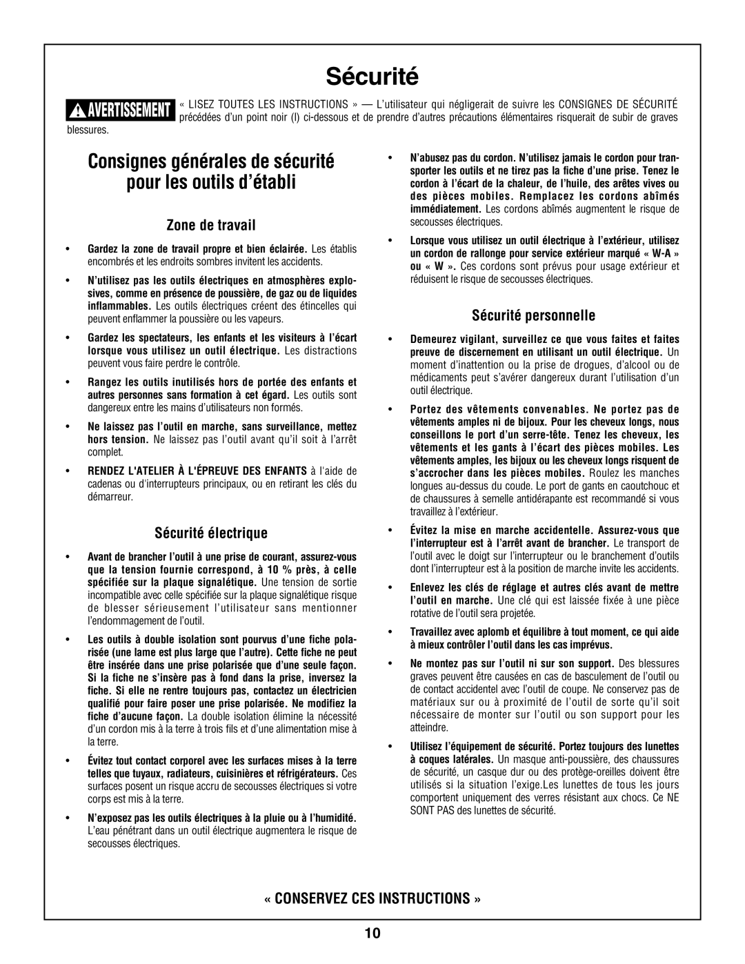 Skil 3800 manual Pour les outils d’établi, Zone de travail, Sécurité personnelle, Sécurité électrique 