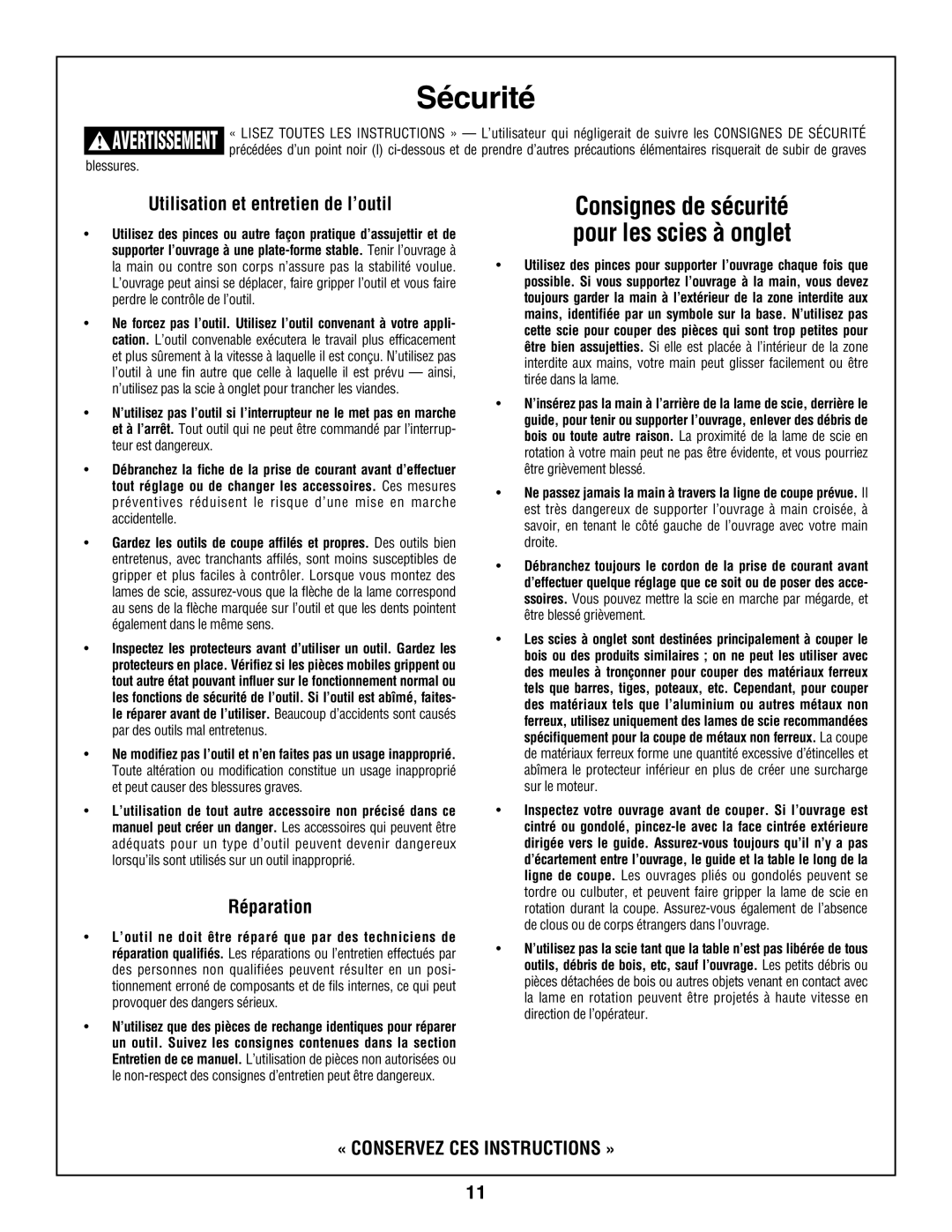 Skil 3800 manual Consignes de sécurité, Pour les scies à onglet, Utilisation et entretien de l’outil, Réparation 