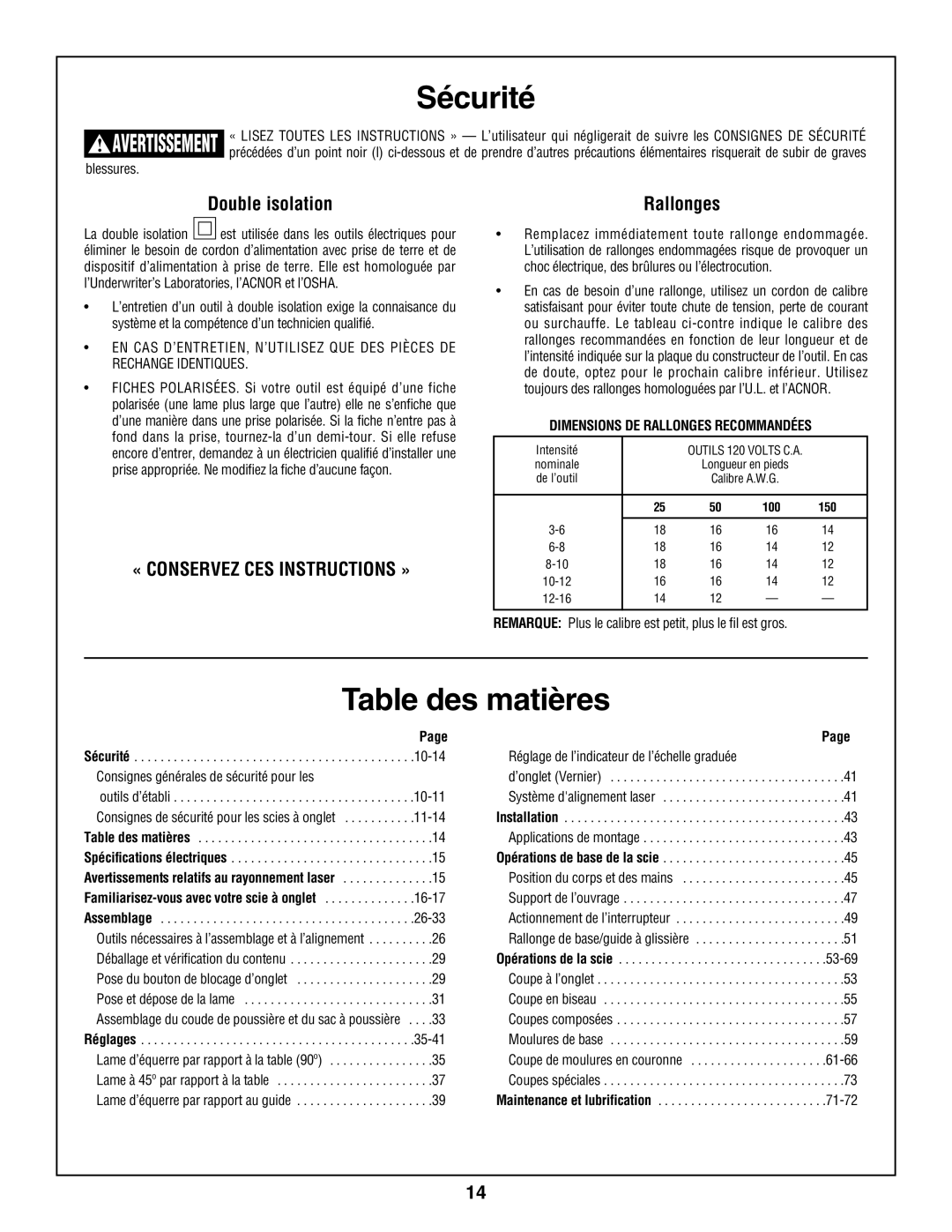 Skil 3800 manual Table des matières, Double isolation, Rallonges, Remarque Plus le calibre est petit, plus le fil est gros 