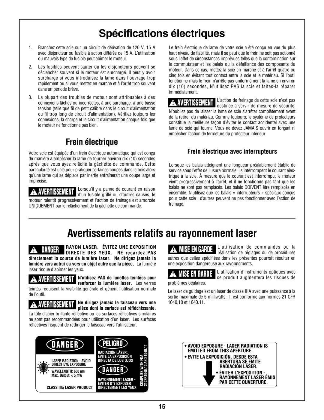 Skil 3800 manual Spécifications électriques, Avertissements relatifs au rayonnement laser, Frein électrique 