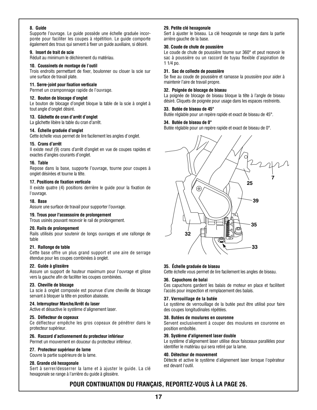 Skil 3800 manual Guide, Insert de trait de scie, Coussinets de montage de l’outil, Serre-joint pour fixation verticale 