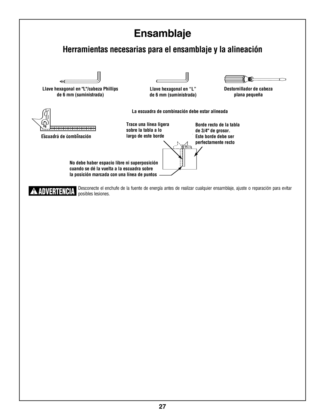 Skil 3800 manual Ensamblaje, Herramientas necesarias para el ensamblaje y la alineación, Hex L Head Small Flat Head 