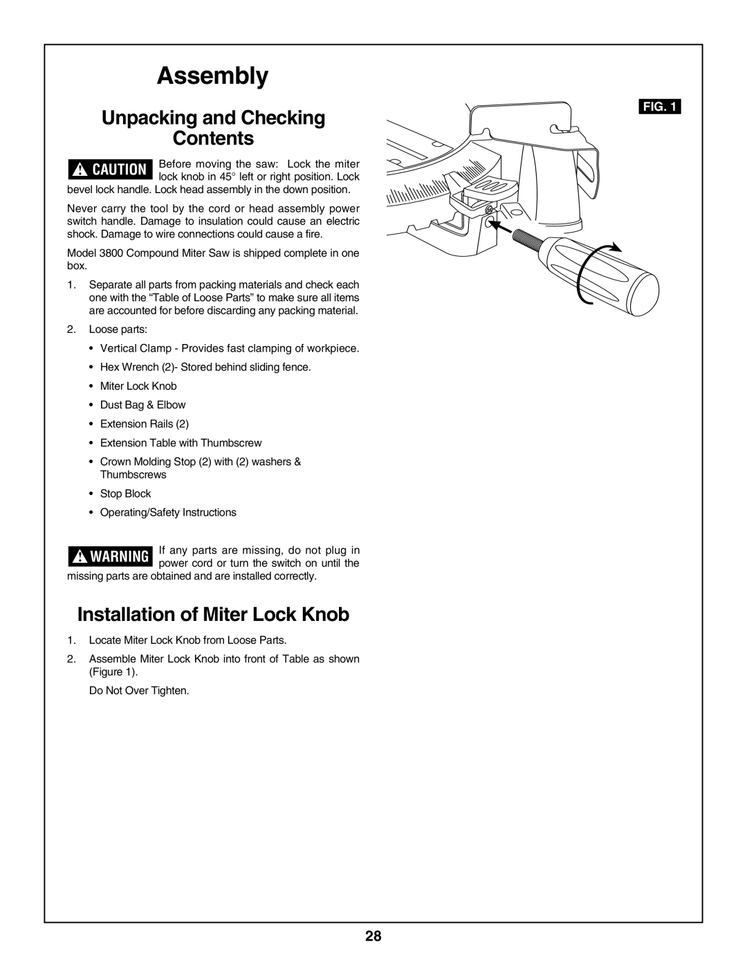 Skil 3800 manual Unpacking and Checking Contents, Installation of Miter Lock Knob 