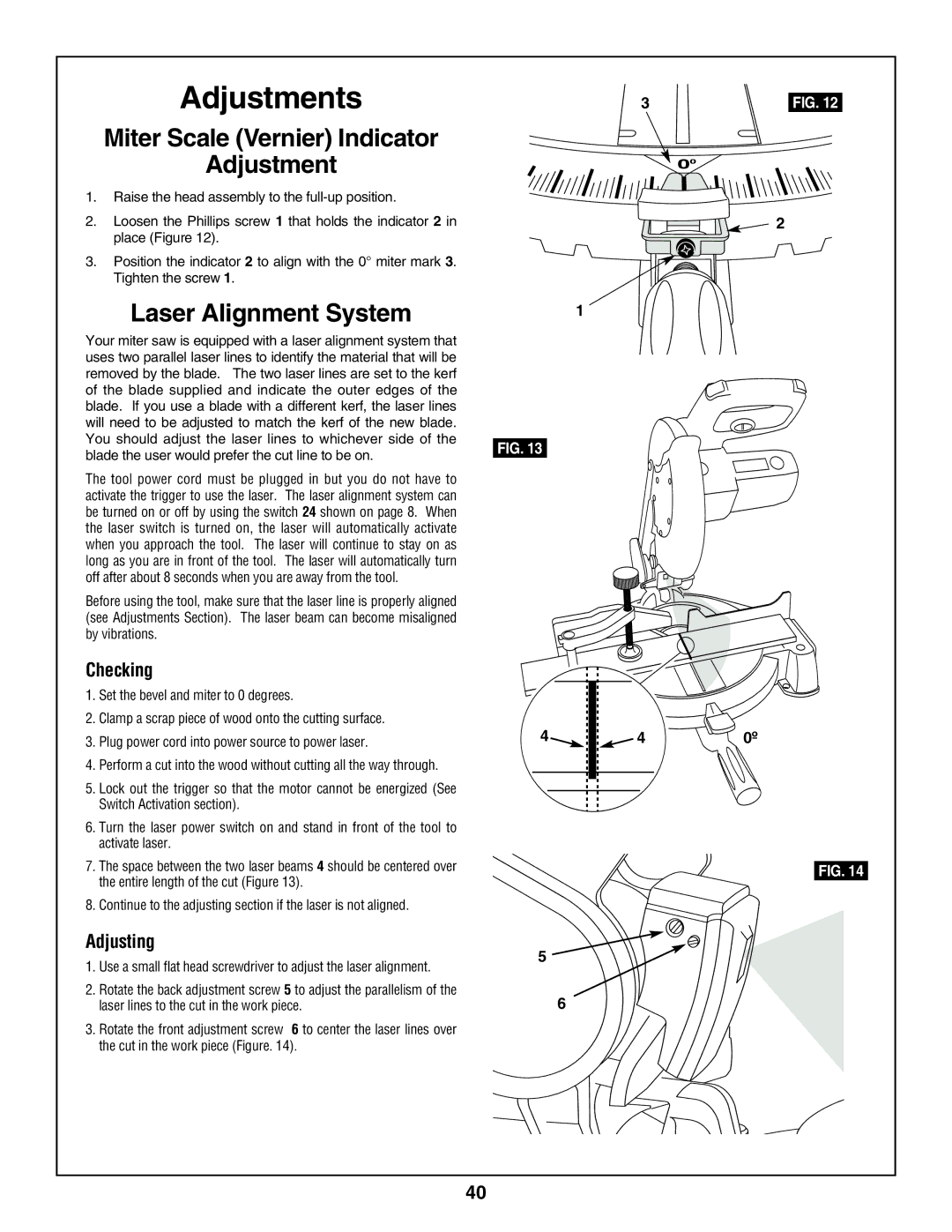 Skil 3800 manual Miter Scale Vernier Indicator Adjustment, Laser Alignment System, Checking, Adjusting 