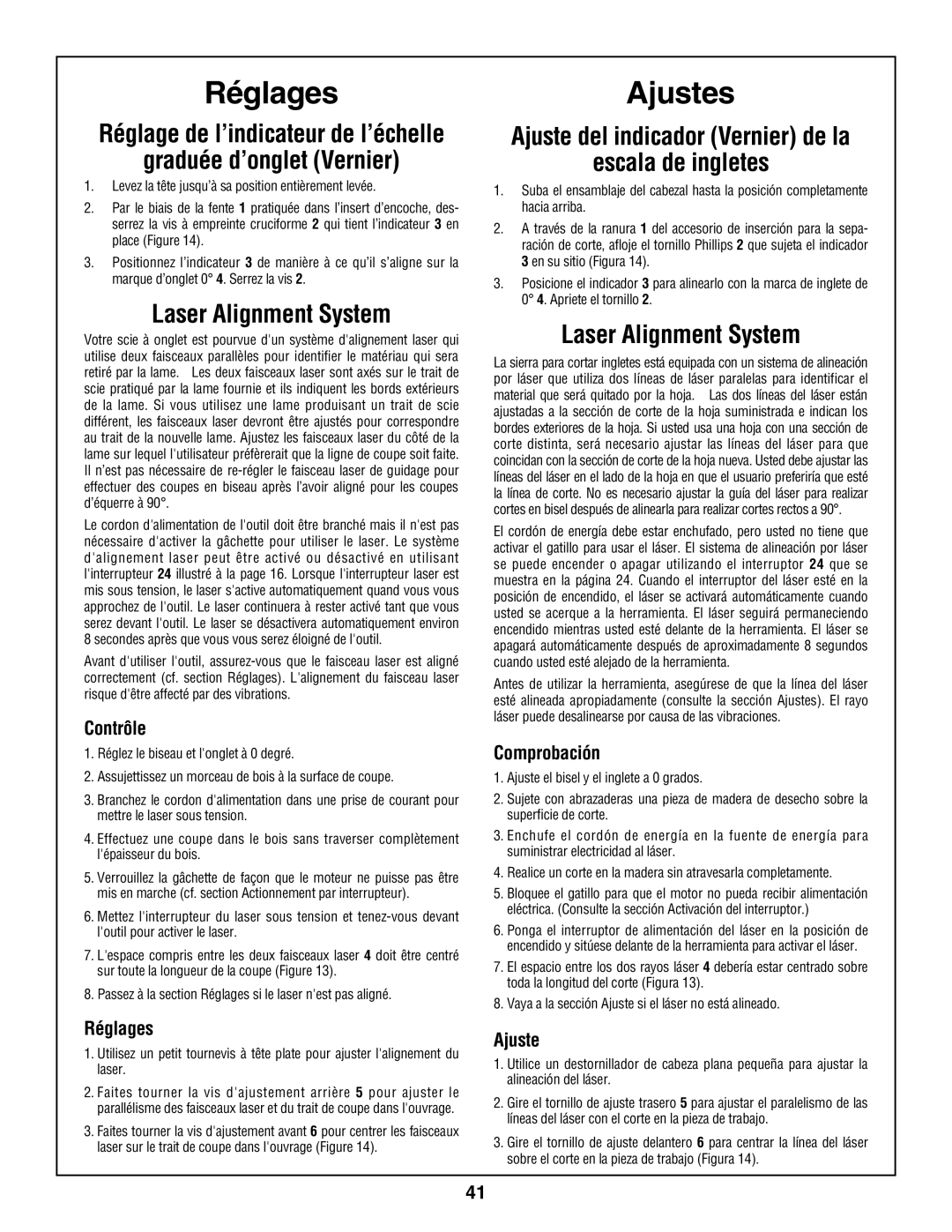 Skil 3800 manual Réglages, Ajustes, Graduée d’onglet Vernier, Ajuste del indicador Vernier de la Escala de ingletes 