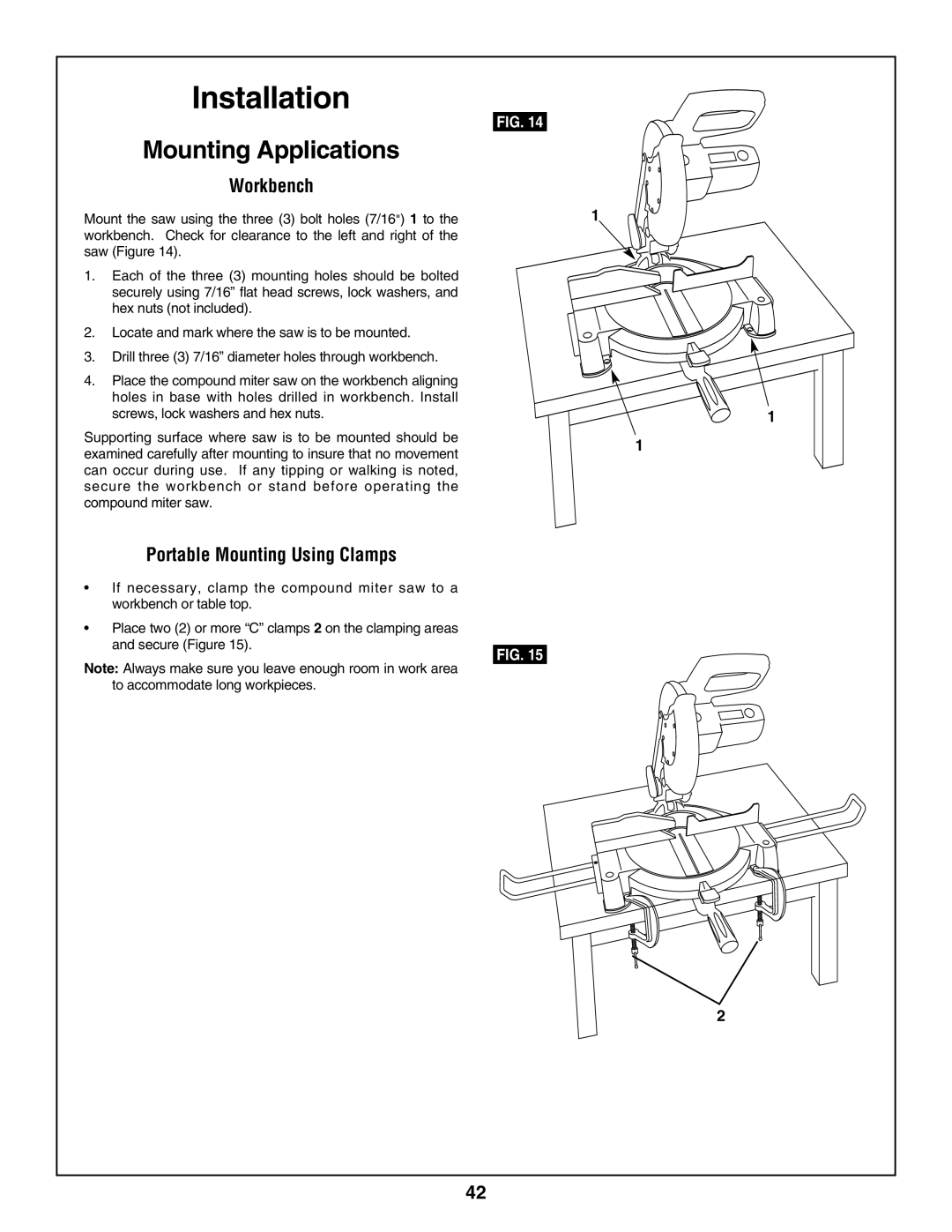 Skil 3800 manual Installation, Workbench, Portable Mounting Using Clamps, Secure Figure 