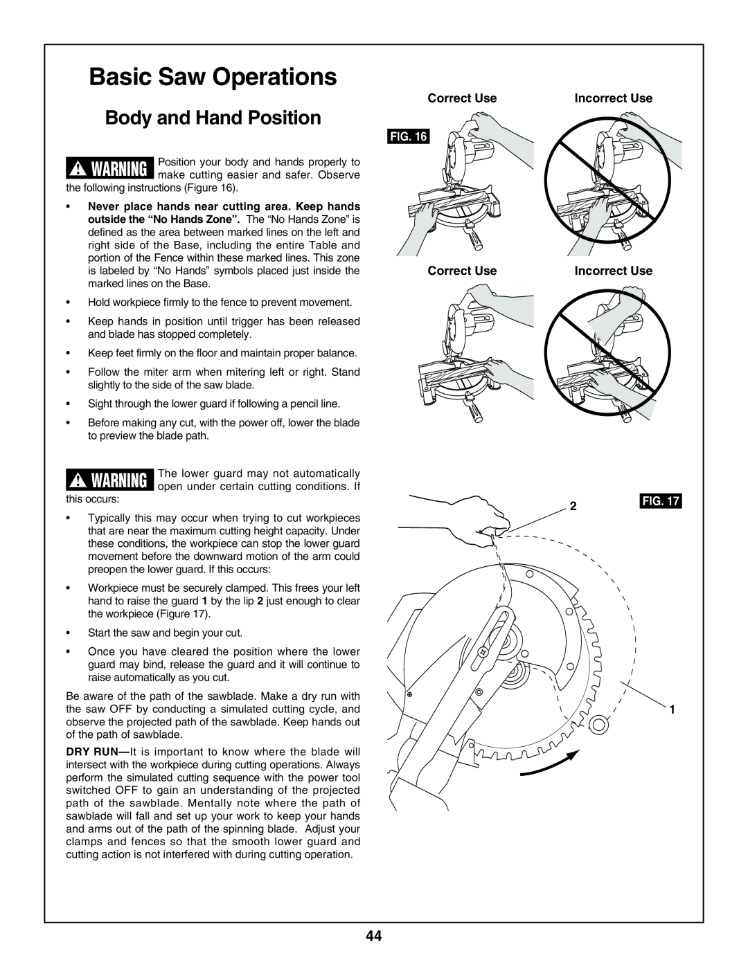 Skil 3800 manual Basic Saw Operations, Body and Hand Position, Correct Use Incorrect Use, Following instructions Figure 