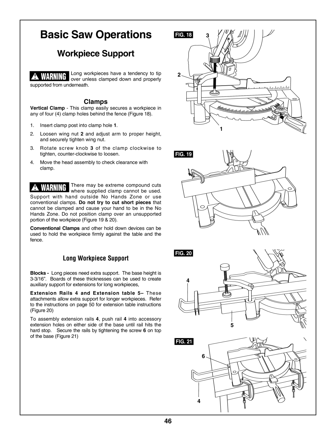 Skil 3800 manual Clamps, Long Workpiece Support, Supported from underneath 