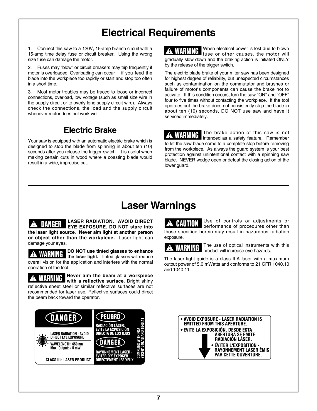 Skil 3800 manual Electrical Requirements, Laser Warnings, Electric Brake, Fuse or other causes, the motor will 