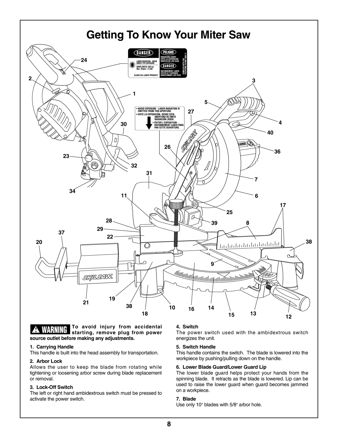 Skil 3800 manual Getting To Know Your Miter Saw, 10 16 