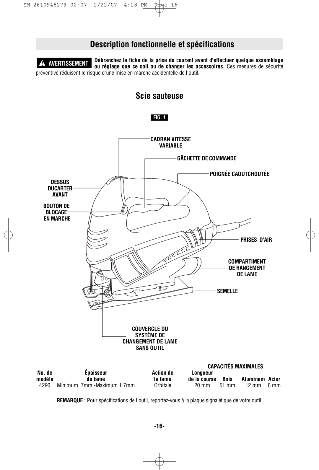 Skil 4290 manual Description fonctionnelle et spécifications, Scie sauteuse 