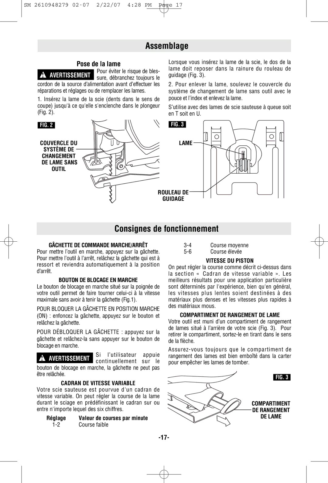 Skil 4290 manual Assemblage, Consignes de fonctionnement, Pose de la lame 