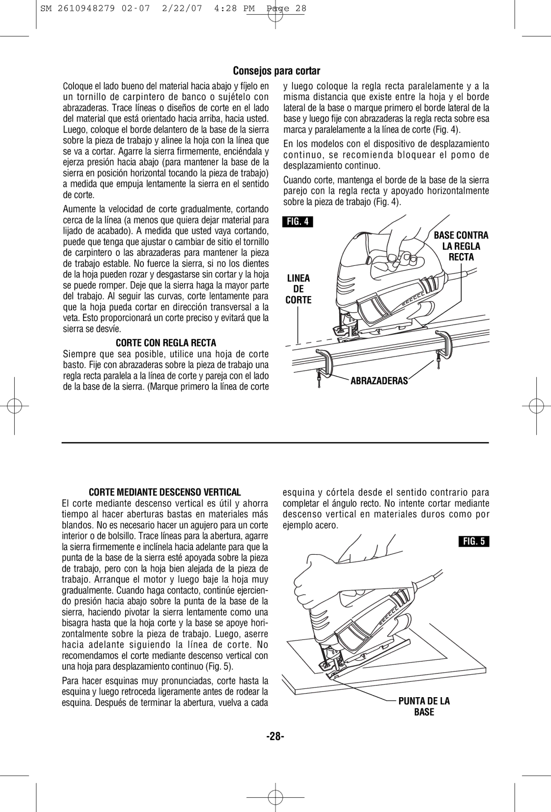 Skil 4290 manual Corte CON Regla Recta, Punta DE LA Base 