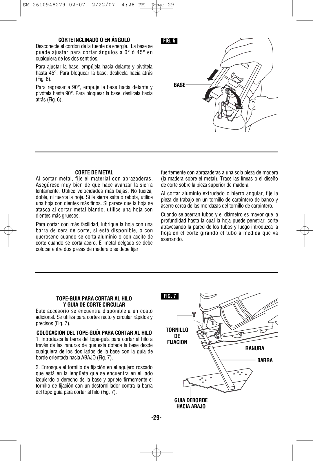 Skil 4290 manual Corte Inclinado O EN Ángulo, Base Corte DE Metal, TOPE-GUIA Para Cortar AL Hilo Guia DE Corte Circular 