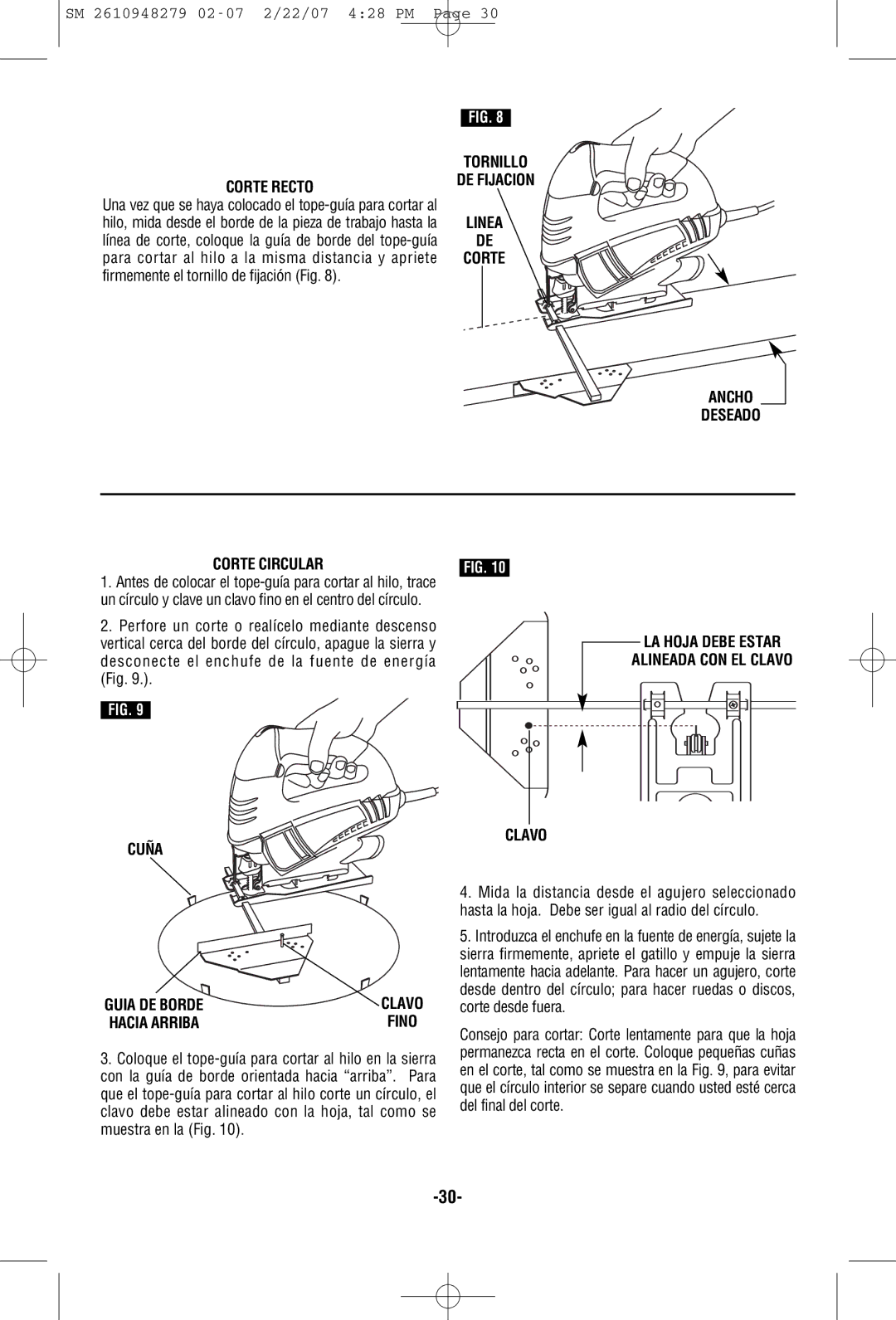 Skil 4290 manual Corte Recto, Cuña, LA Hoja Debe Estar Alineada CON EL Clavo 