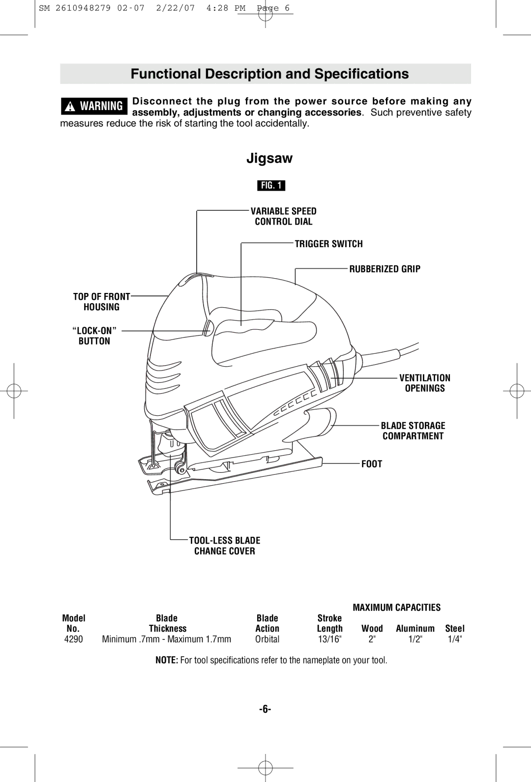 Skil 4290 manual Functional Description and Specifications, Jigsaw 