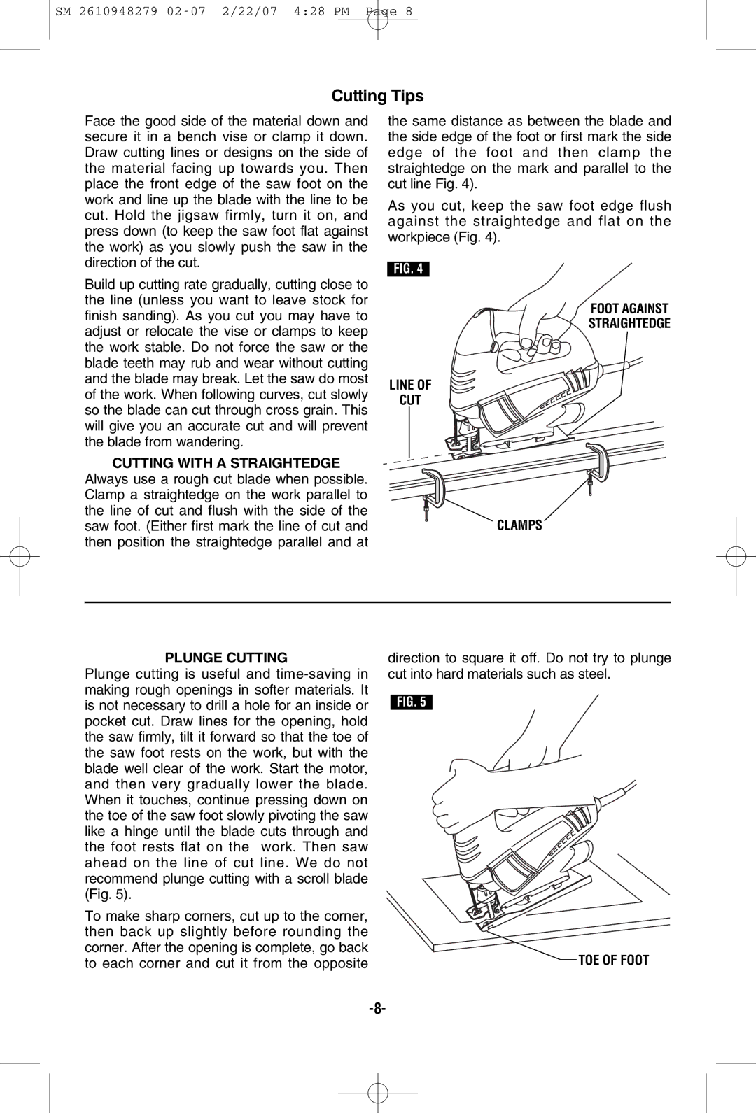 Skil 4290 Cutting Tips, Cutting with a Straightedge, Foot Against Straightedge Line CUT Clamps Plunge Cutting, TOE of Foot 