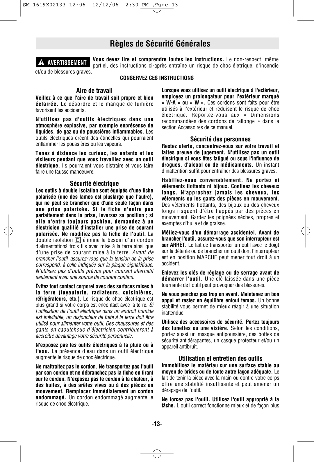 Skil 4240, 4380, 4280 manual Règles de Sécurité Générales, Aire de travail, Sécurité électrique, Sécurité des personnes 