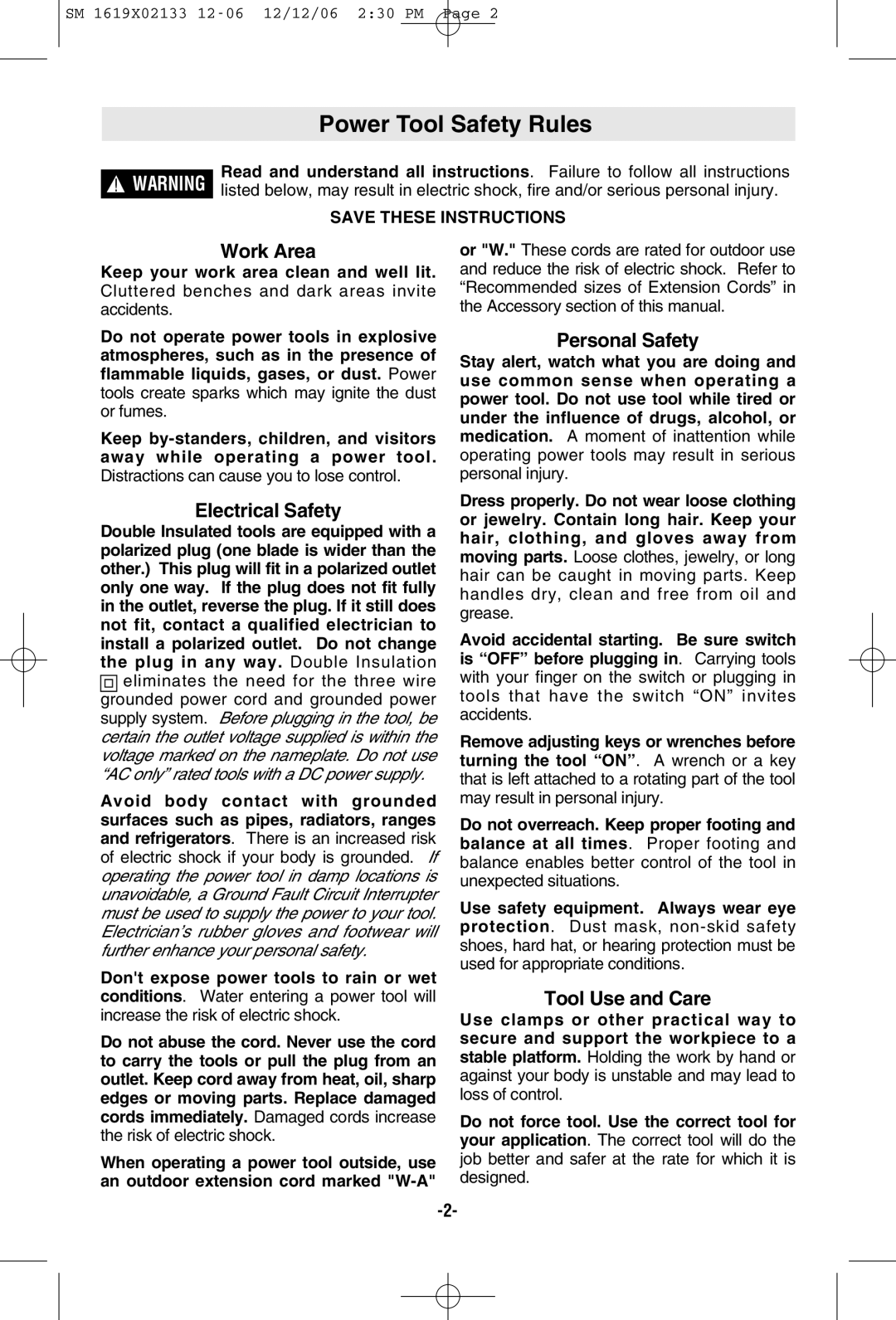 Skil 4280, 4380, 4240 manual Power Tool Safety Rules, Work Area, Electrical Safety, Personal Safety, Tool Use and Care 