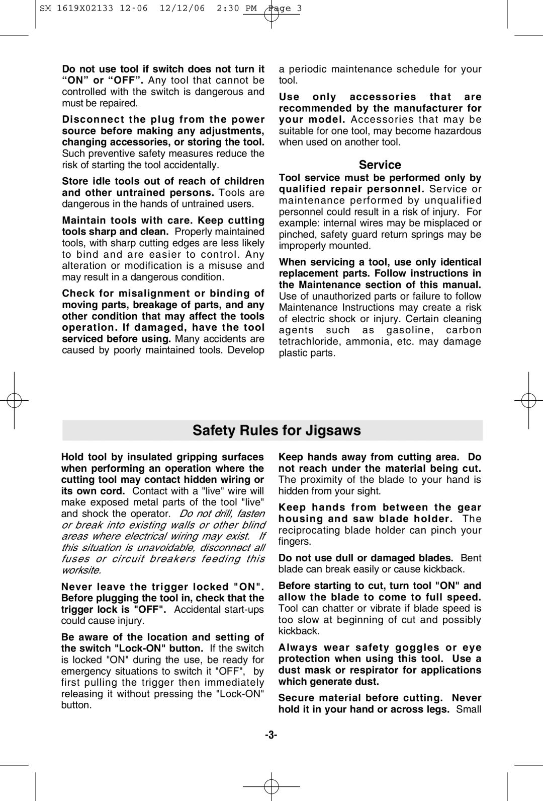 Skil 4380, 4240, 4280 manual Safety Rules for Jigsaws, Service 