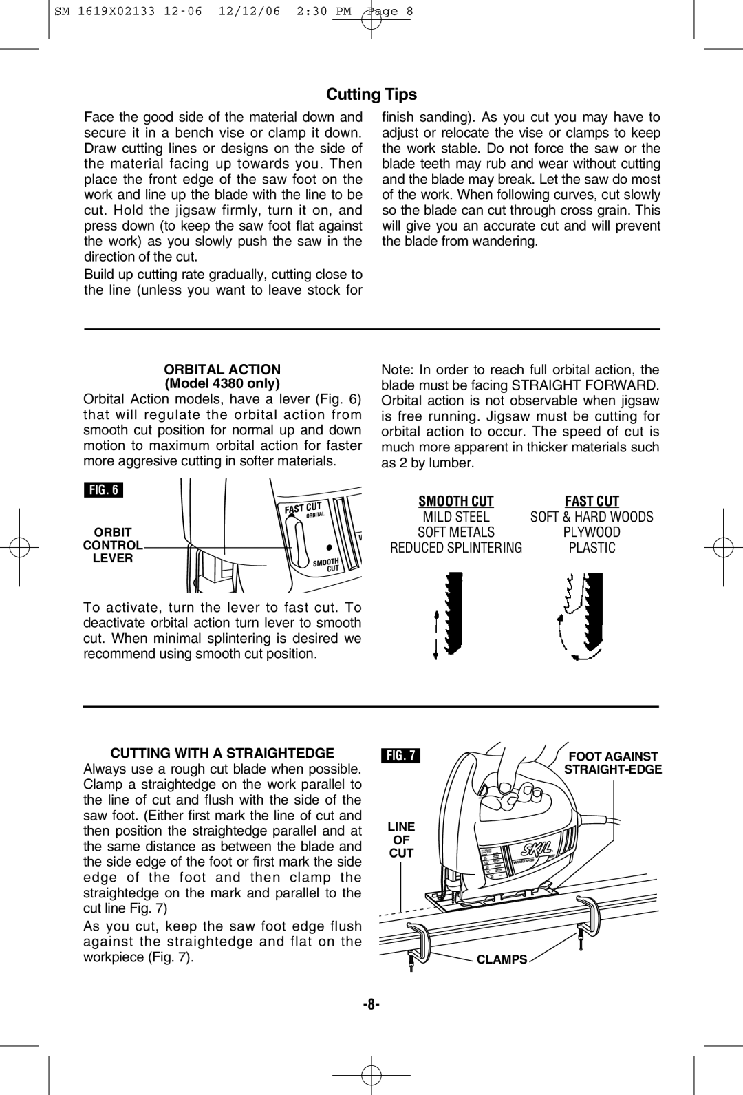 Skil 4280, 4240 manual Cutting Tips, Orbital Action, Model 4380 only, Cutting with a Straightedge 