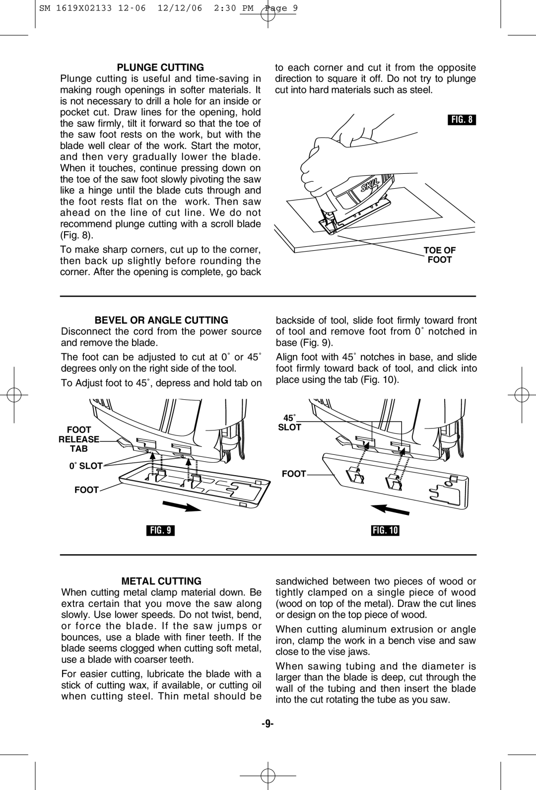 Skil 4380, 4240, 4280 manual Plunge Cutting, Bevel or Angle Cutting, Metal Cutting 