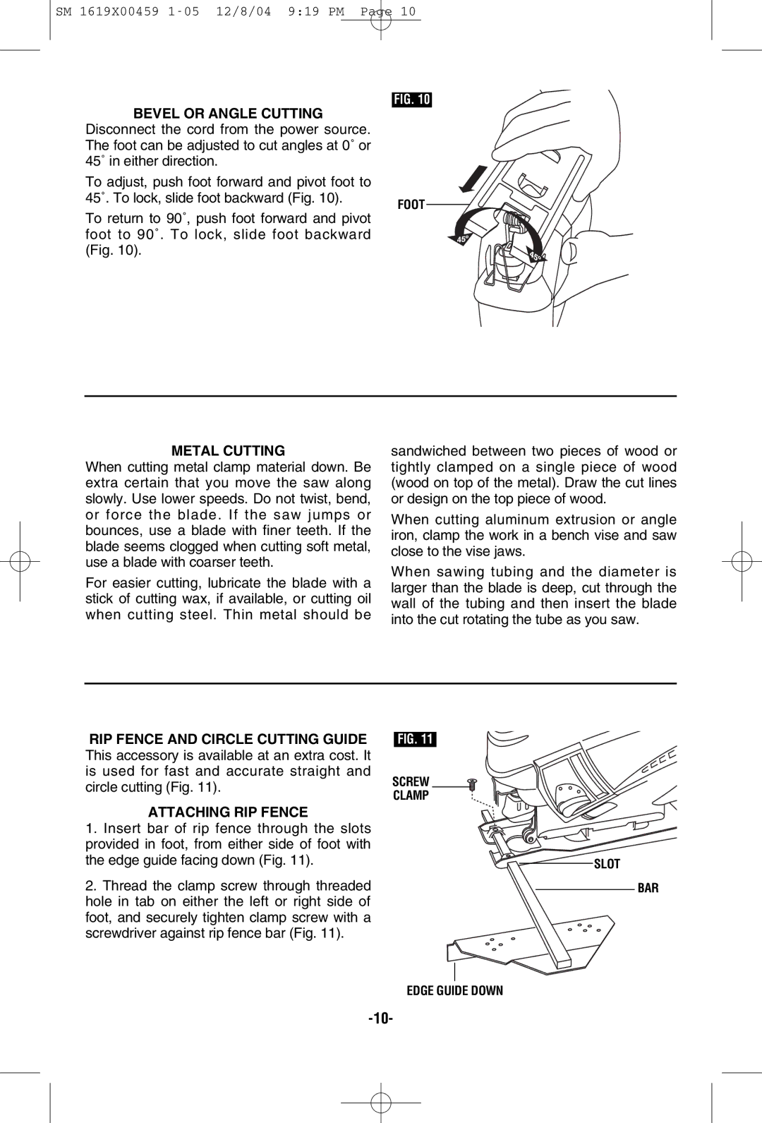 Skil 4390 manual Bevel or Angle Cutting, Metal Cutting, Attaching RIP Fence 