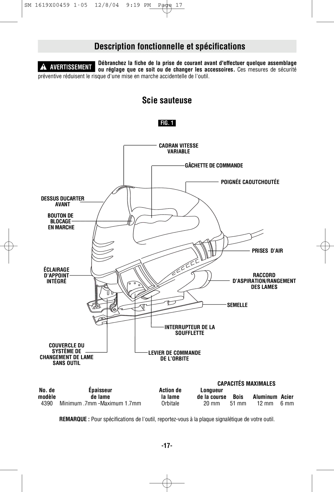 Skil 4390 manual Description fonctionnelle et spécifications, Scie sauteuse 