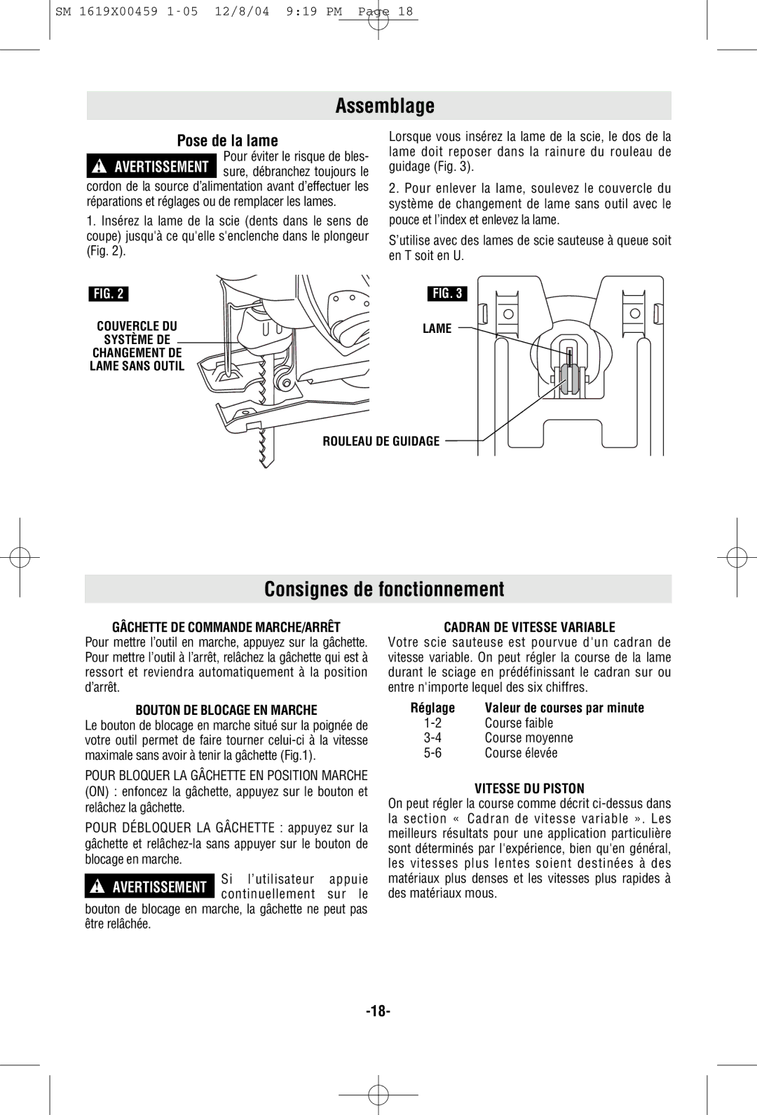 Skil 4390 manual Assemblage, Consignes de fonctionnement, Pose de la lame 