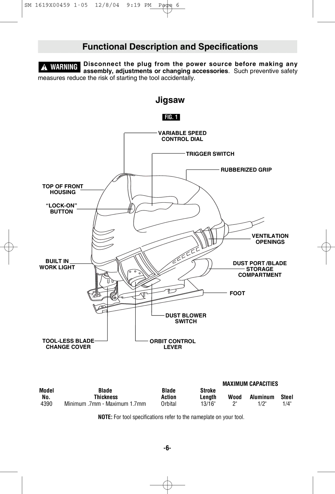 Skil 4390 manual Functional Description and Specifications, Jigsaw 