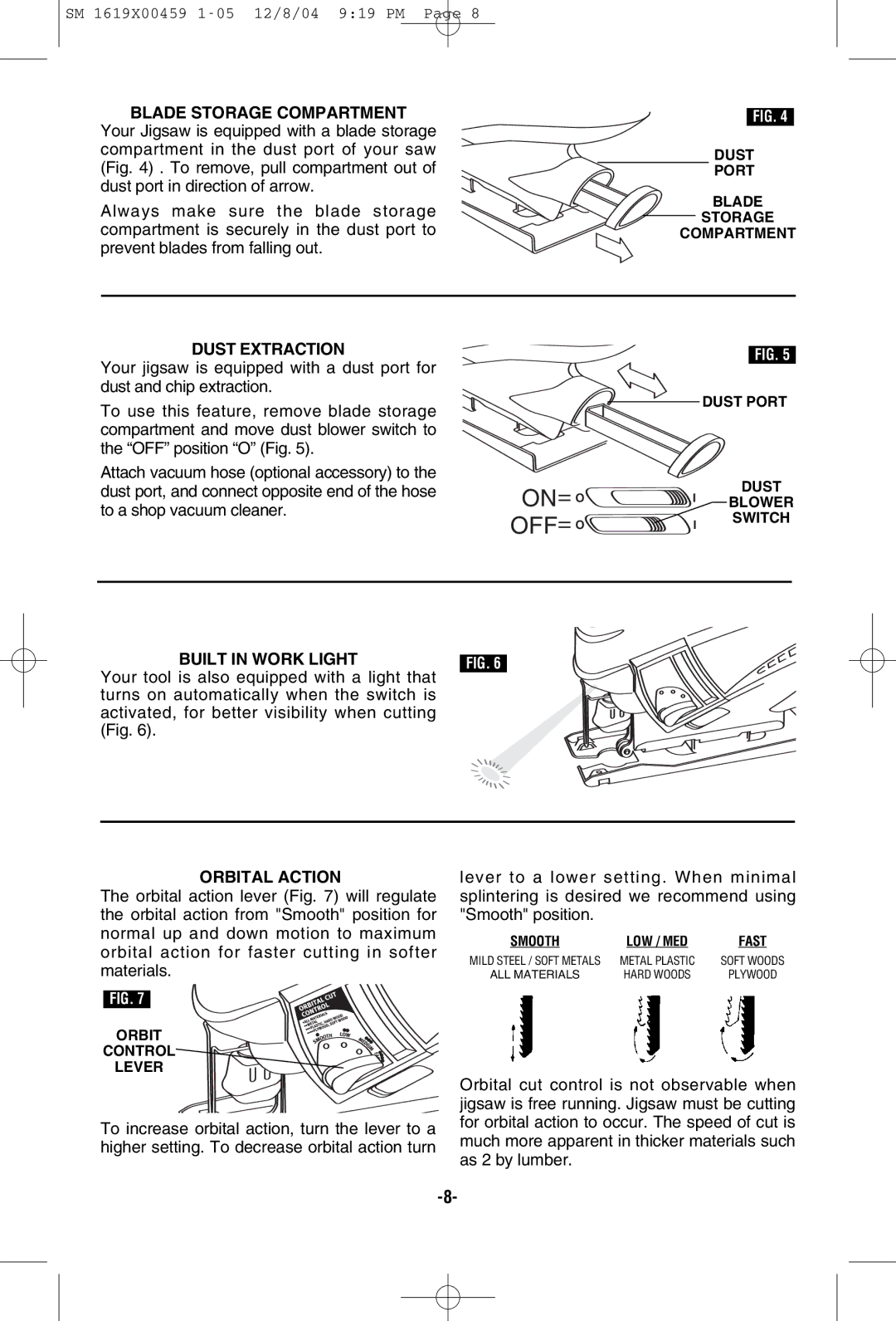 Skil 4390 manual Blade Storage Compartment, Dust Extraction, Orbital Action 