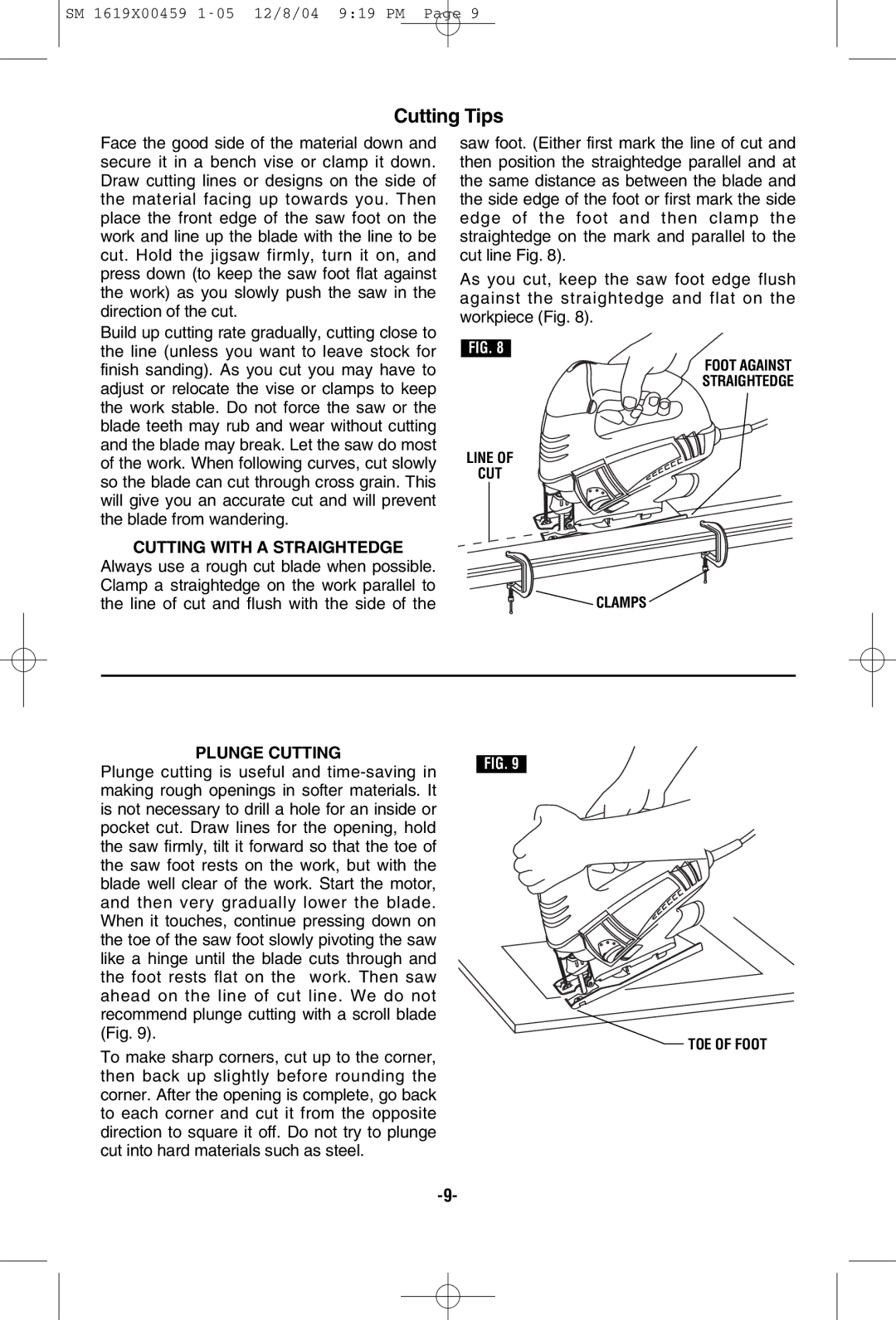 Skil 4390 manual Cutting Tips, Cutting with a Straightedge, Plunge Cutting 