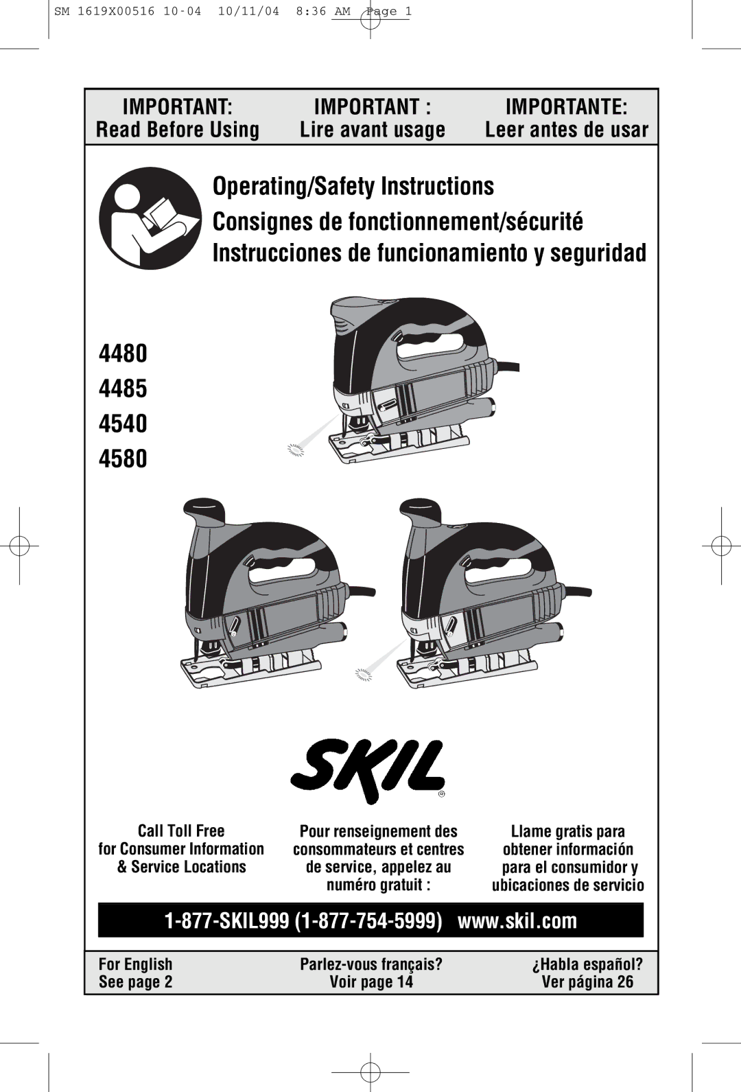 Skil 4485 manual Call Toll Free, Service Locations, For English, See 