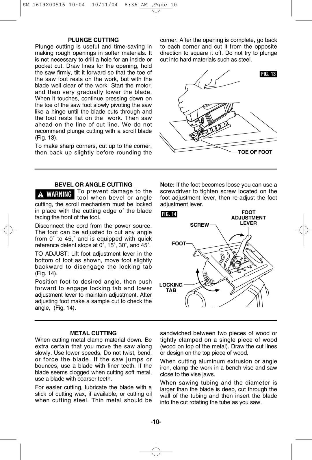 Skil 4485 manual Plunge Cutting, Bevel or Angle Cutting, Metal Cutting 