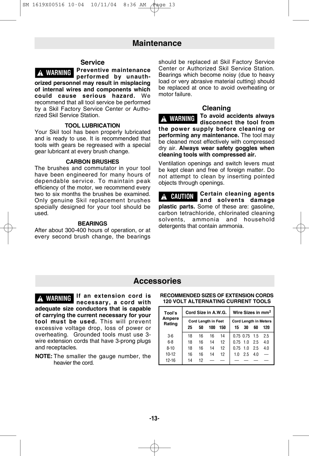 Skil 4485 manual Maintenance, Accessories, Cleaning 