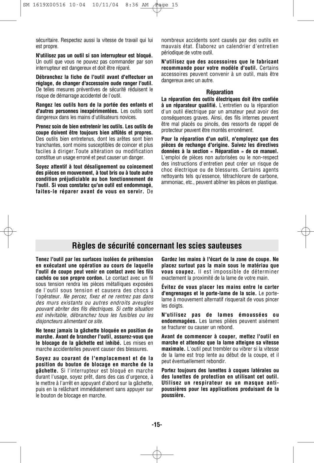 Skil 4485 manual Règles de sécurité concernant les scies sauteuses, La réparation des outils électriques doit être confiée 