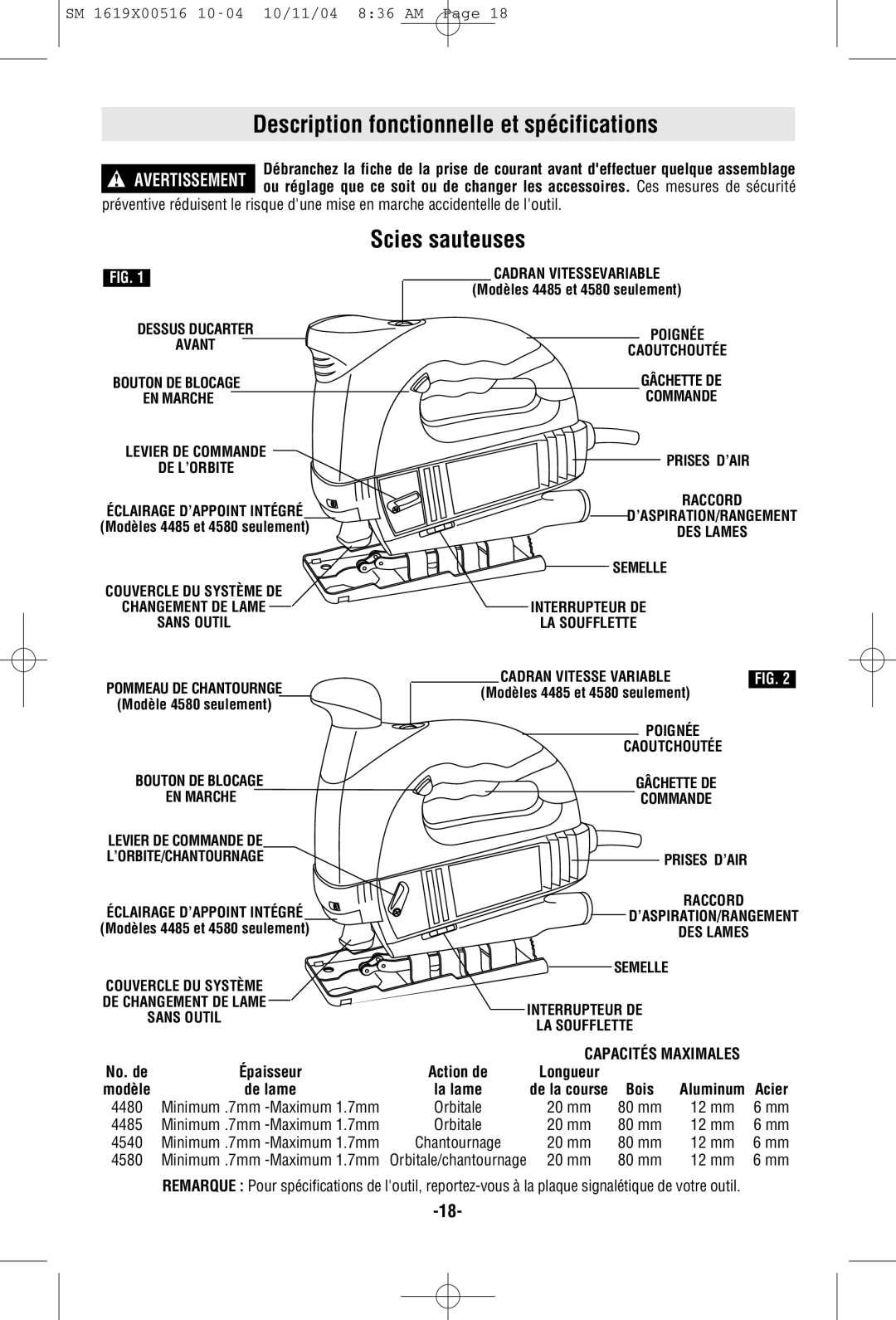 Skil 4485 manual Description fonctionnelle et spécifications, Scies sauteuses 