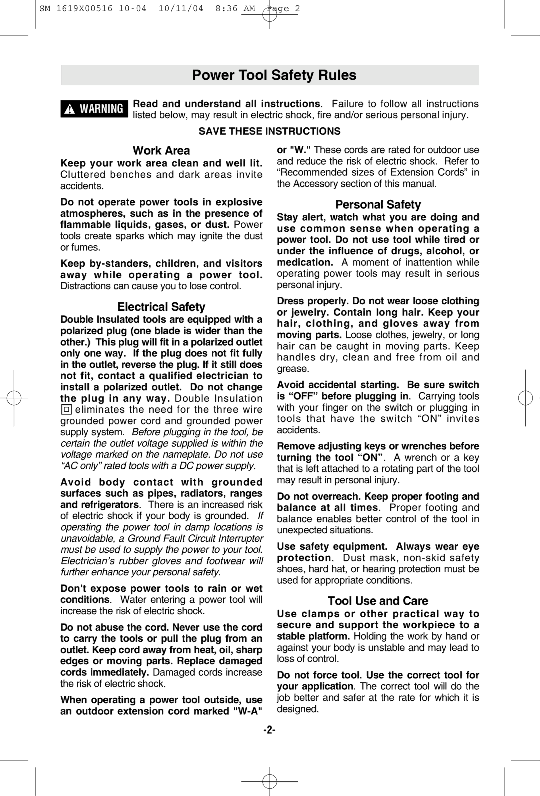 Skil 4485 manual Power Tool Safety Rules, Work Area, Electrical Safety, Personal Safety, Tool Use and Care 