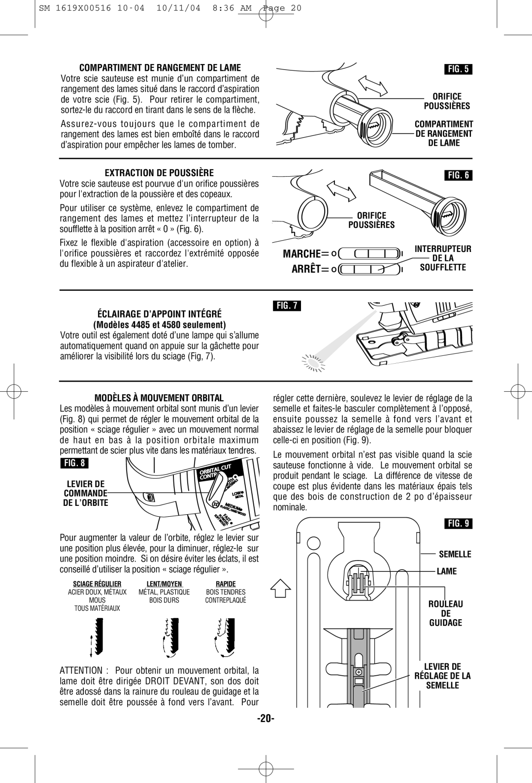 Skil 4485 manual Compartiment DE Rangement DE Lame, Extraction DE Poussière, Modèles À Mouvement Orbital 