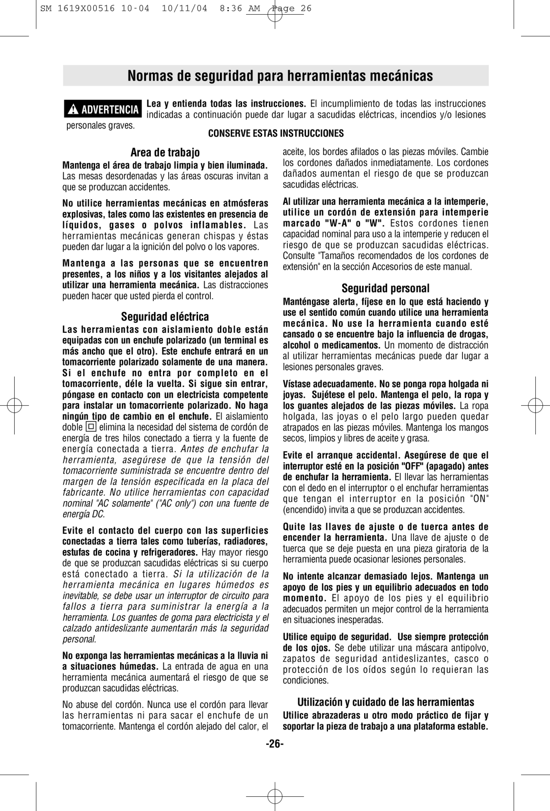 Skil 4485 manual Normas de seguridad para herramientas mecánicas, Area de trabajo, Seguridad eléctrica, Seguridad personal 